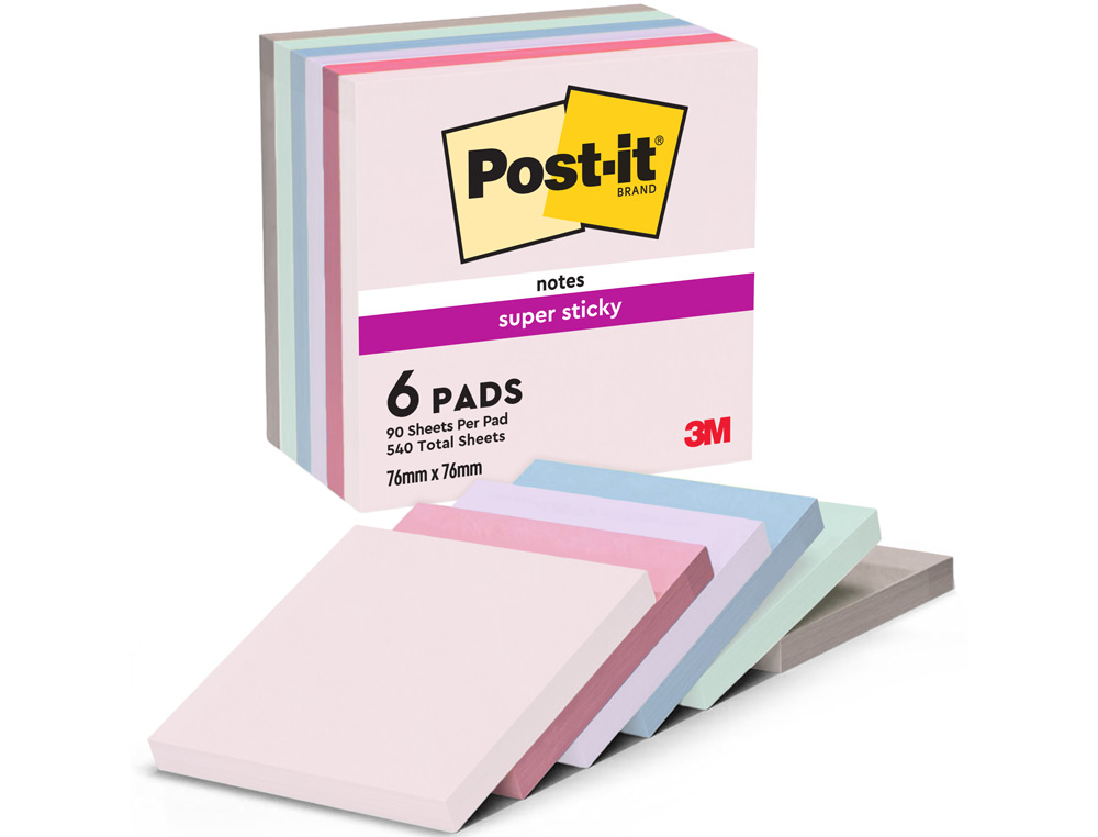 BLOCO DE NOTAS ADESIVAS POST IT SUPER STICKY SOULFUL 100% PEFC 76X76 MM PACK DE 6 BLOCOS CORES SORTIDAS