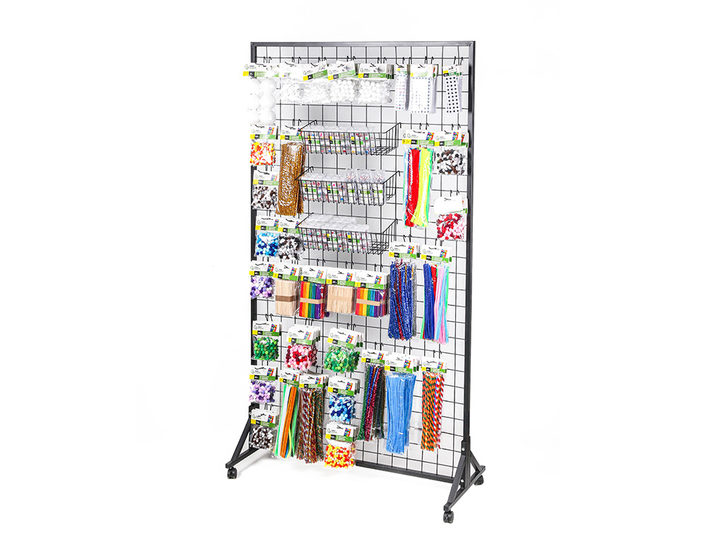 EXPOSITOR LIDERPAPEL METALICO PARA PRODUTOS DE MANUALIDADES COM 373 UNIDADES SORTIDAS 40 GANCHOS E 3 BANDEJAS