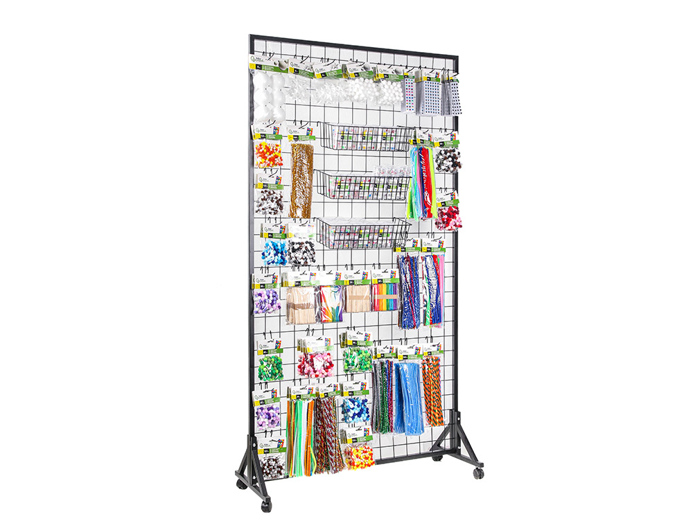 EXPOSITOR LIDERPAPEL METALICO PARA PRODUTOS DE MANUALIDADES COM 373 UNIDADES SORTIDAS 40 GANCHOS E 3 BANDEJAS