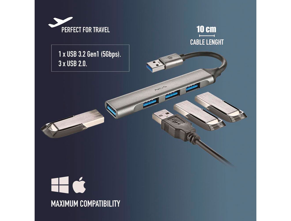 HUB NGS 4 PUERTOS 3 USB 2.0 Y 1 USB 3.2 GEN 1