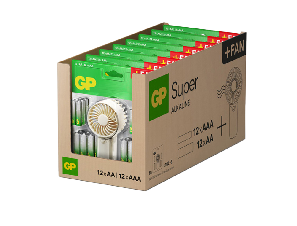 PILA GP ULTRA ALCALINA BLISTER DE 12 UNIDADES AA + 12 UNIDADES AAA + VENTILADOR DE MANO