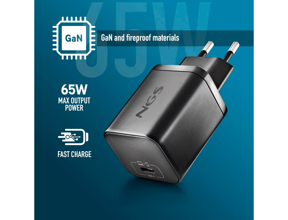 CARREGADOR GAN NGS DE PAREDE ULTRA RAPIDO PARA PORTATIL DE 65W COM SAIDA TIPO USB-C E CABO USB-C A USB-C COMPRIMENTO 1,5