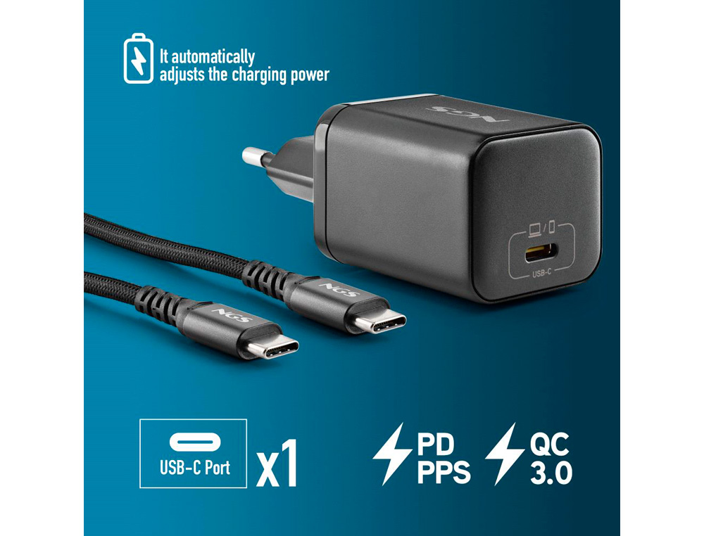 CARREGADOR GAN NGS DE PAREDE ULTRA RAPIDO PARA PORTATIL DE 65W COM SAIDA TIPO USB-C E CABO USB-C A USB-C COMPRIMENTO 1,5