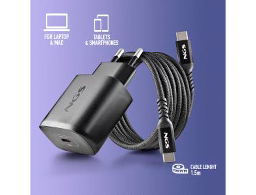 CARREGADOR GAN NGS DE PAREDE ULTRA RAPIDO PARA PORTATIL DE 65W COM SAIDA TIPO USB-C E CABO USB-C A USB-C COMPRIMENTO 1,5