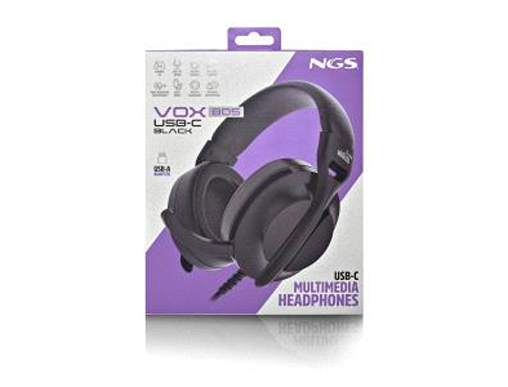 AURICULARES NGS VOX805 COM CABO STEREO USB-C COM CONTROLO DE VOLUME E ADAPTADOR USB USB COR PRETO