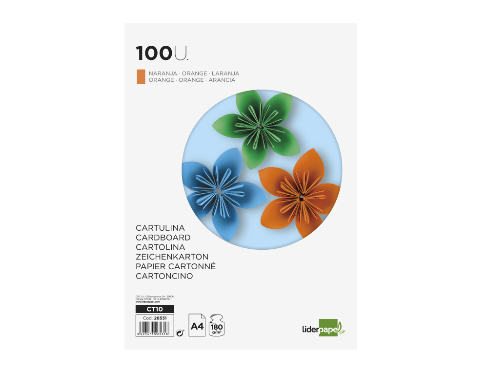 CARTOLINA LIDERPAPEL DIN A4 180 GR LARANJA FORTE PACK DE 100 UNIDADES