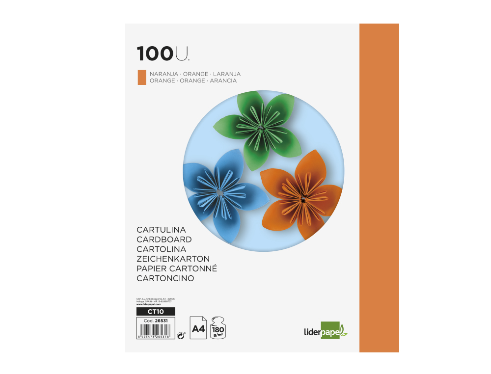 CARTOLINA LIDERPAPEL DIN A4 180 GR LARANJA FORTE PACK DE 100 UNIDADES