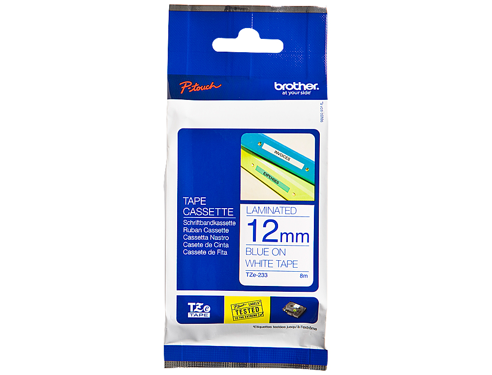 FITA BROTHER TZ-233 LAMINADA BRANCO-AZUL 12MM X 8M