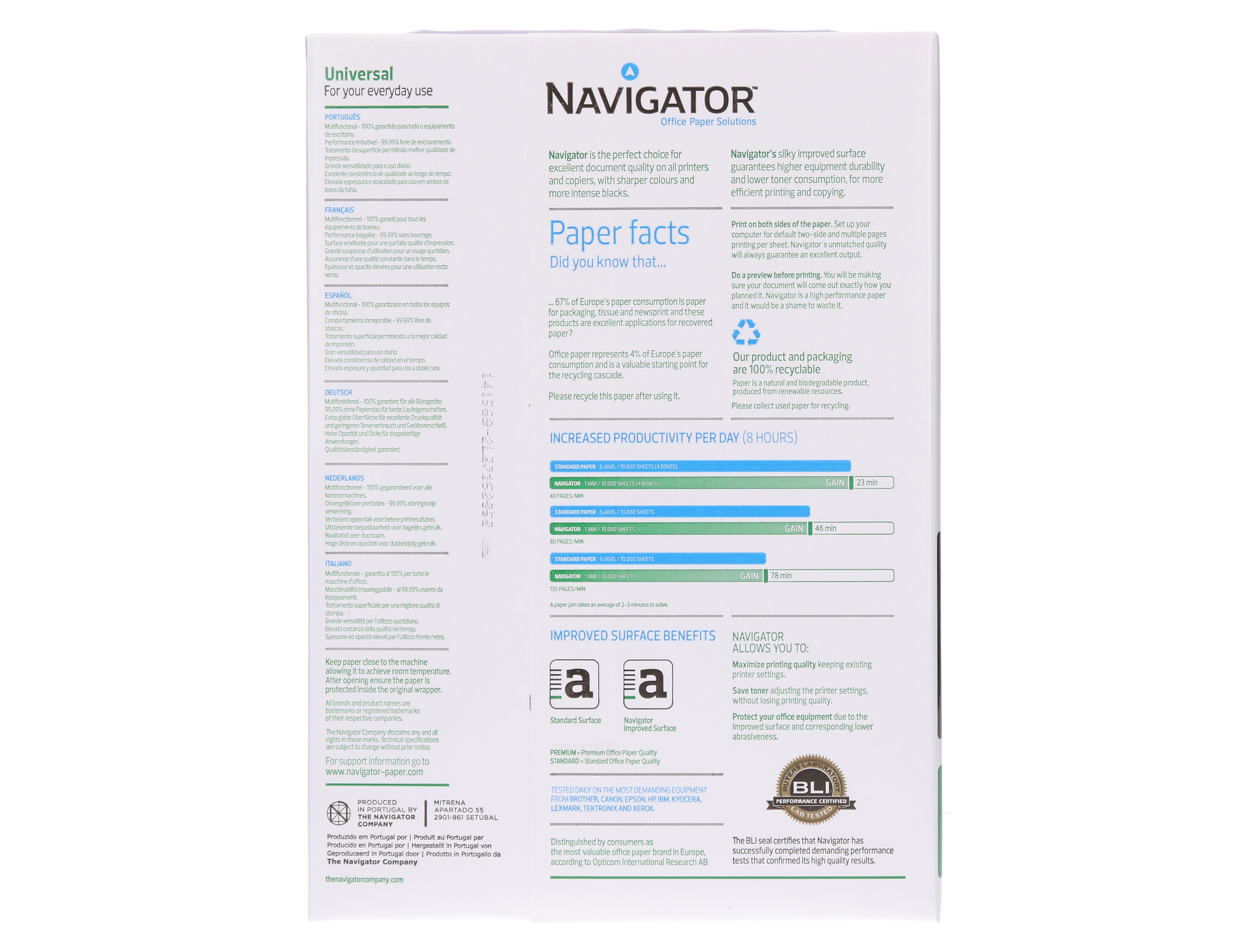 PAPEL FOTOCOPIA NAVIGATOR DIN A4 80 GR EMBALAGEM DE 500 FOLHAS