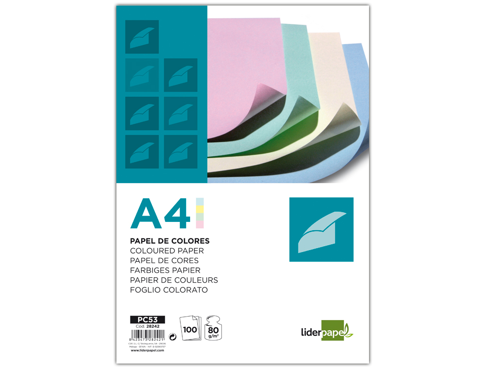 PAPEL DE COR LIDERPAPEL DIN A4 80 GR EMBALAGEM DE 100 FOLHAS 4 CORES X 25 FOLHAS