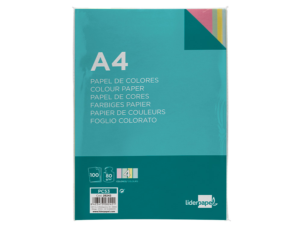PAPEL DE COR LIDERPAPEL DIN A4 80 GR EMBALAGEM DE 100 FOLHAS 4 CORES X 25 FOLHAS