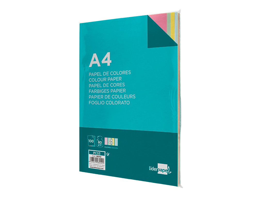 PAPEL DE COR LIDERPAPEL DIN A4 80 GR EMBALAGEM DE 100 FOLHAS 4 CORES X 25 FOLHAS