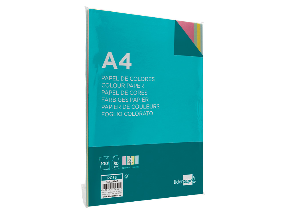 PAPEL DE COR LIDERPAPEL DIN A4 80 GR EMBALAGEM DE 100 FOLHAS 4 CORES X 25 FOLHAS