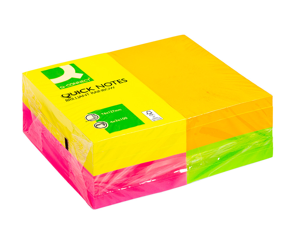 BLOCO DE NOTAS ADESIVAS Q-CONNECT FLUORESCENTE 127 X 76 MM COM 100 FOLHAS PACK DE 12 EM 4 CORES
