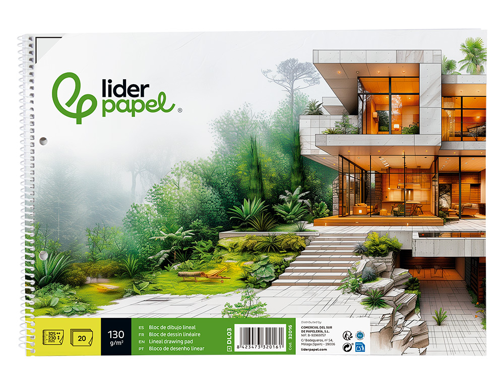 BLOCO DE DESENHO LIDERPAPEL LINEAL ESPIRAL 230X325MM 20 FOLHAS 130GR COM 2 FUROS PERFURADO