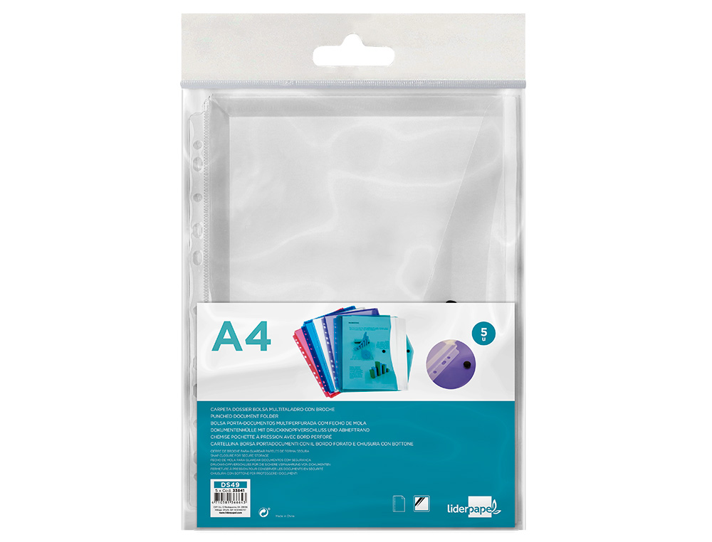 BOLSA PORTA DOCUMENTOS LIDERPAPEL MULTIPERFURADA DIN A4 PACKDE 5 INCOLOR TRANSPARENTE