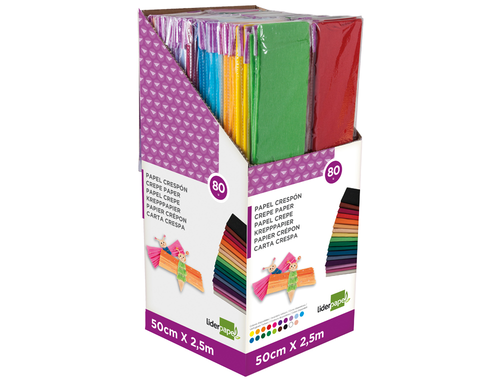 PAPEL CREPE LIDERPAPEL 50 CM X 2,5 M 34GR EXPOSITOR DE 80 CORES SORTIDAS