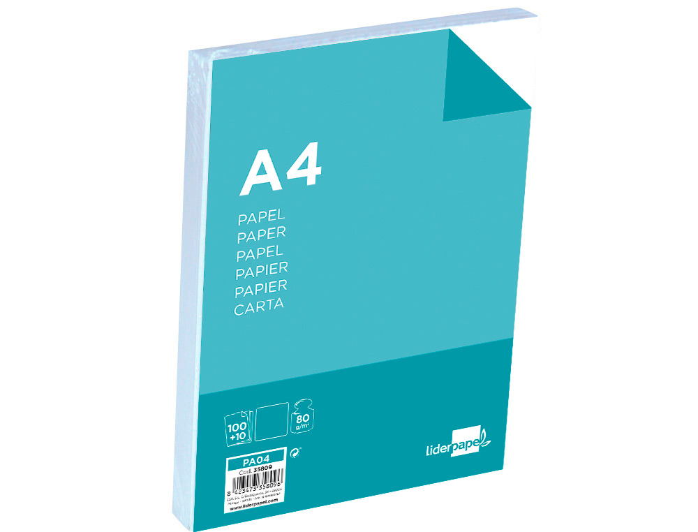 PAPEL LIDERPAPEL DIN A4 80 GR EMBALAGEM DE 100 FOLHAS + 10 FOLHAS GRATIS