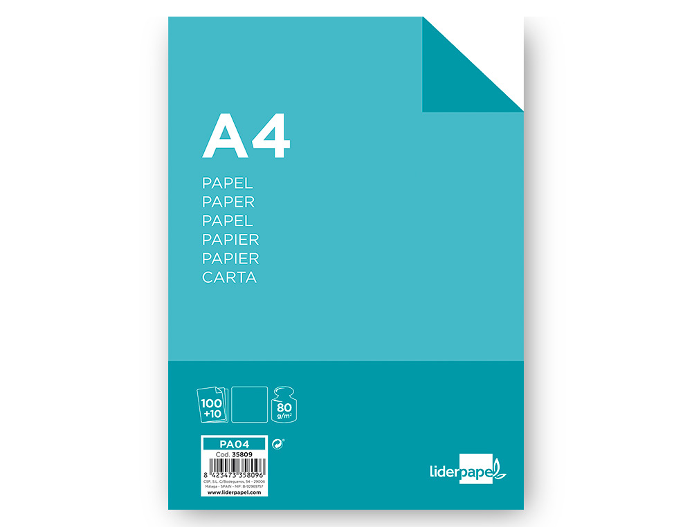 PAPEL LIDERPAPEL DIN A4 80 GR EMBALAGEM DE 100 FOLHAS + 10 FOLHAS GRATIS