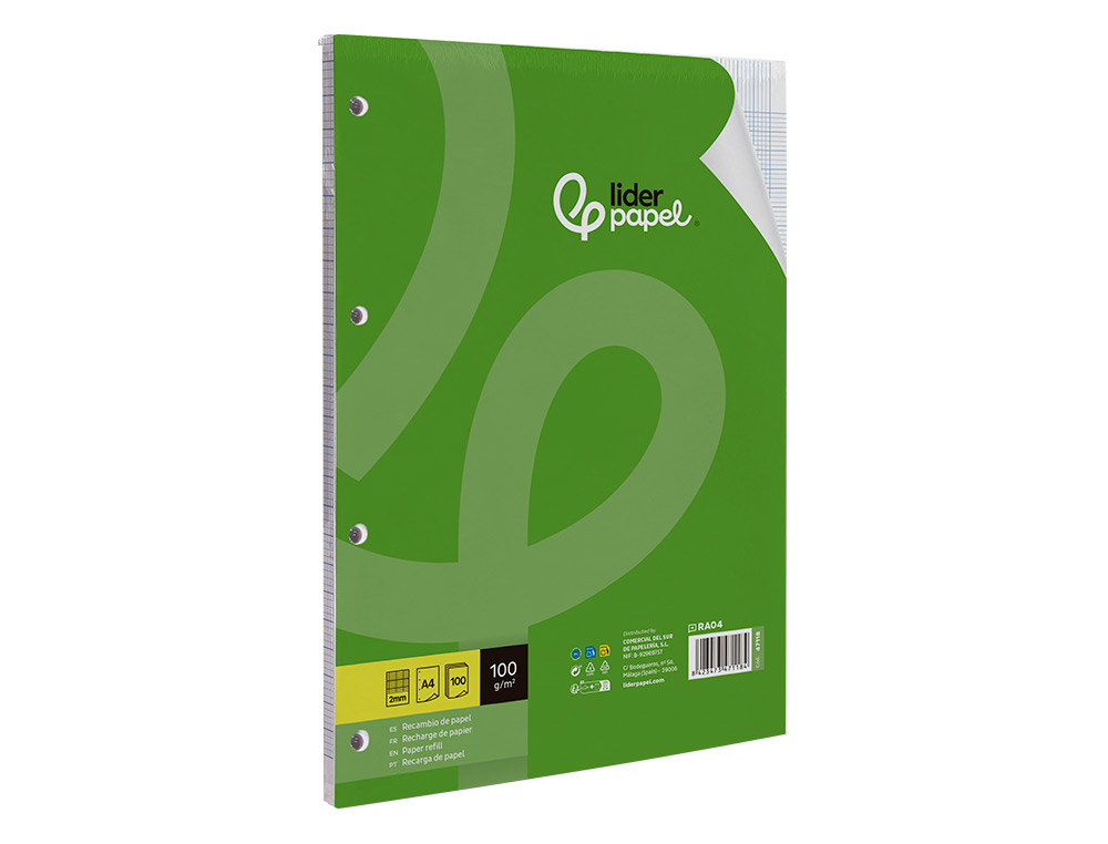 RECARGA LIDERPAPEL DIN A4 100 FOLHAS 100G/M2 QUADRICULA 2MM COM MARGEM 4 FUROS