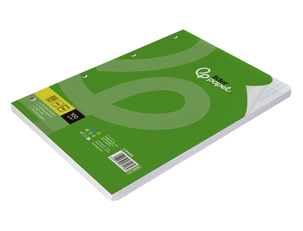 RECARGA LIDERPAPEL DIN A4 100 FOLHAS 100G/M2 QUADRICULA 2MM COM MARGEM 4 FUROS
