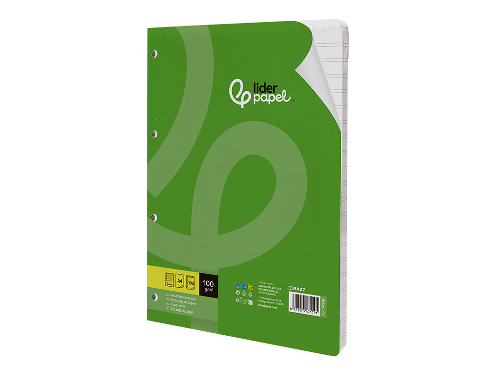 RECARGA LIDERPAPEL DIN A4 100 FOLHAS 100G/M2 PAUTADO 2.5MM COM MARGEM 4 FUROS