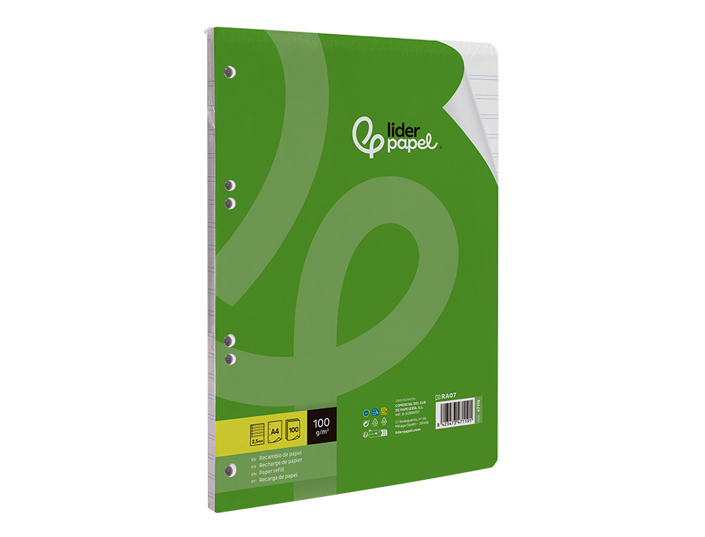 RECARGA LIDERPAPEL DIN A4 100 FOLHAS 100G/M2 PAUTADO 2.5MM COM MARGEM 4 FUROS