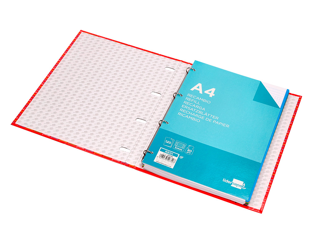 PASTA DE ELASTICOS LIDERPAPEL DE ANEIS COM RECARGA DIN A4 120 FOLHAS 70 GR QUADRICULA 5 MM 4 ANEIS REDONDOS DE 20 MM