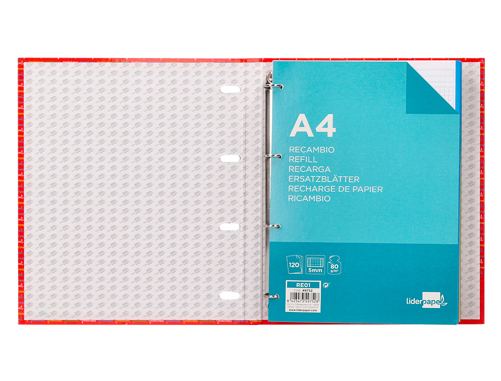 PASTA DE ELASTICOS LIDERPAPEL DE ANEIS COM RECARGA DIN A4 120 FOLHAS 70 GR QUADRICULA 5 MM 4 ANEIS REDONDOS DE 20 MM