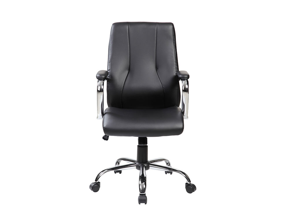 CADEIRA DE DIRECAO ROCADA PELE COM BRACOS BASE METALICA CROMADA DIAMETRO 700MM COSTAS 730MMX500MM