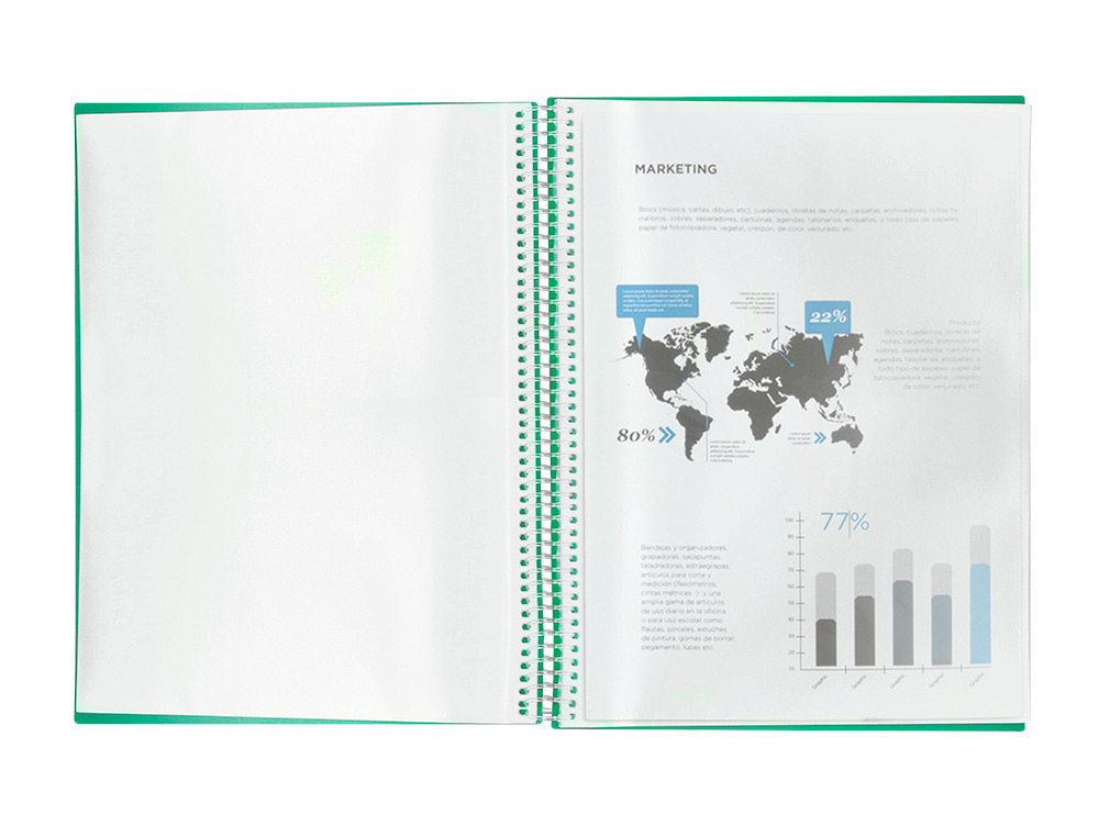 CAPA CATALOGO LIDERPAPEL COM ESPIRAL 20 BOLSAS POLIPROPILENO DIN A4 VERDE