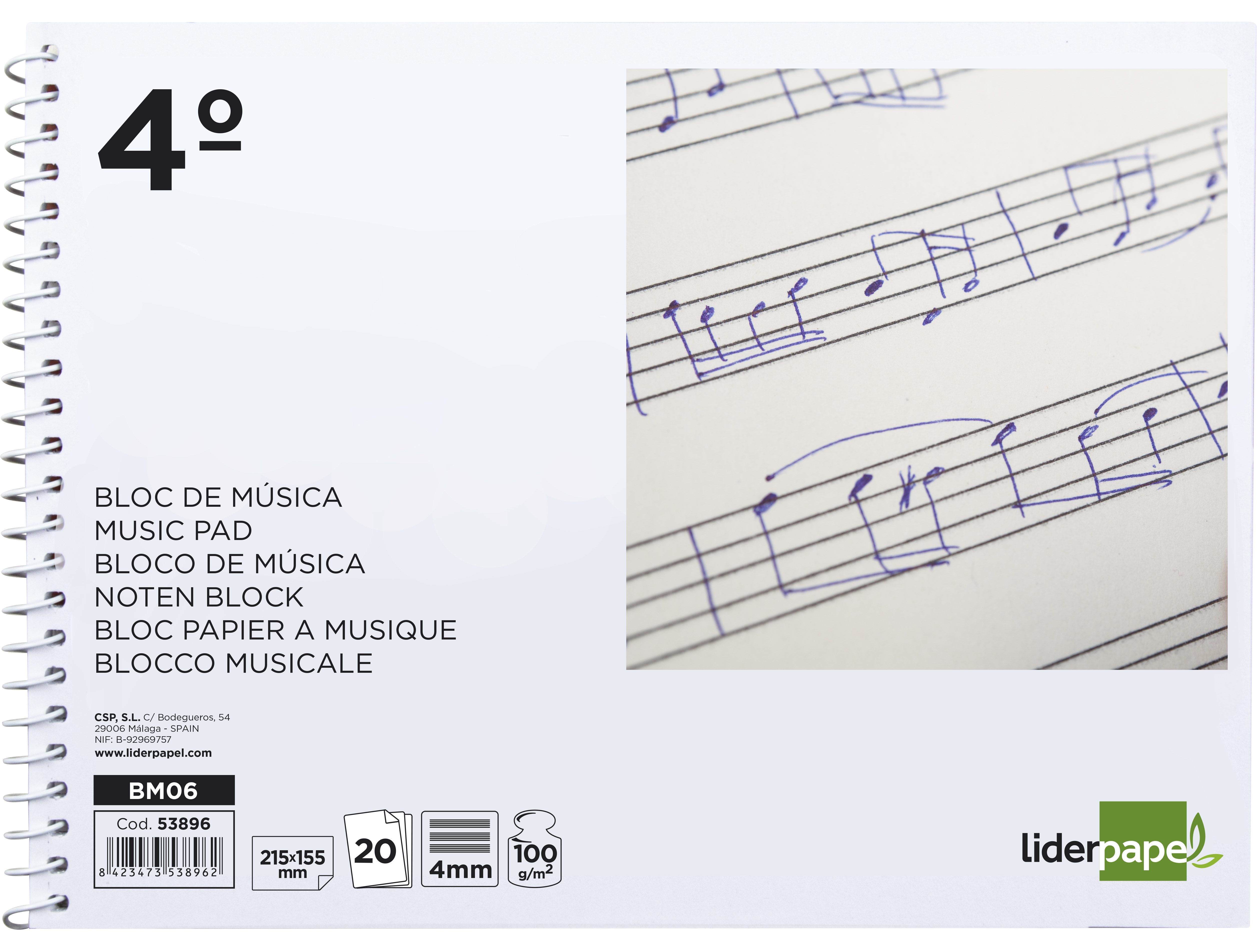 BLOCO MUSICA LIDERPAPEL QUARTO 20 FOLHAS 100 GR PENTAGRAMA COM 4 MM DE ENTRELINHAS