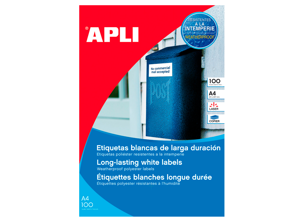 ETIQUETAS ADESIVAS APLI 12121 FORMATO 210X297 MM POLIESTER RESISTENTE A INTERPERIE IMPRESSAO LASER
