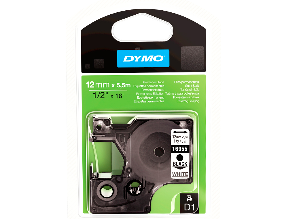 FITA DYMO PRETO BRANCO 12 MM X 5,5 MT D1 POLYESTER ADESIVO PERMANENTE