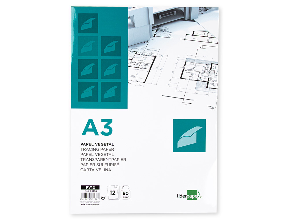 BLOCO DE PAPEL VEGETAL LIDERPAPEL DIN A3 297X420MM 90 GR BOLSA DE 12 FOLHAS