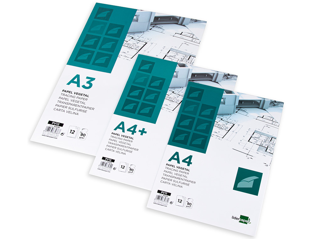 BLOCO DE PAPEL VEGETAL LIDERPAPEL DIN A3 297X420MM 90 GR BOLSA DE 12 FOLHAS