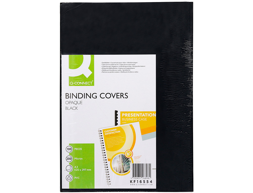 CAPA DE ENCADERNACAO Q-CONNECT PVC DIN A3 OPACA PRETA 200 MICRONS PACK DE 100 UNIDADES