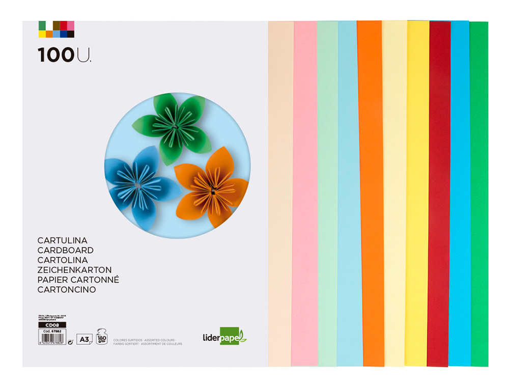 CARTOLINA LIDERPAPEL DIN A3 180 GR 10 CORES SORTIDAS PACK DE 100 UNIDADES