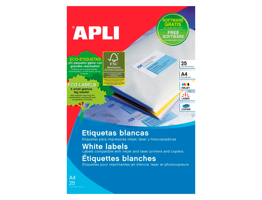 ETIQUETAS ADESIVAS APLI 1215 FORMATO 210X297 MM PARA FOTOCOPIA LASER TINTEIRO CAIXA COM 25 FOLHAS COM 25