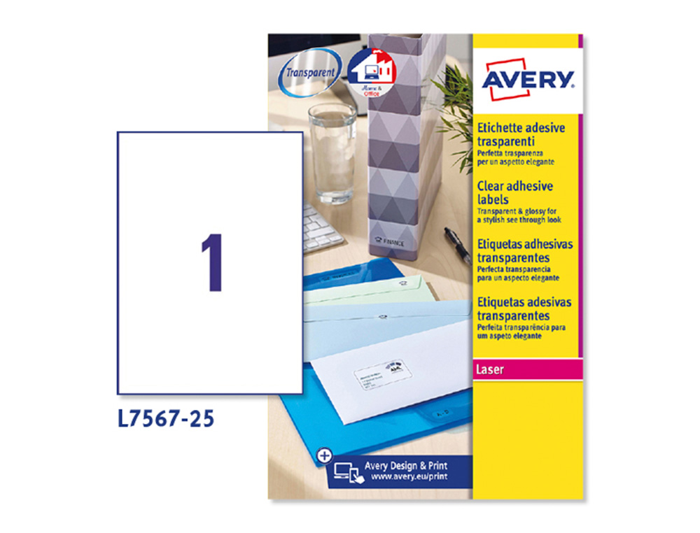 ETIQUETAS ADESIVAS AVERY DIN A4 IMPRIMIVEIS TRANSPARENTE 210X297 MM CAIXA DE 25 FOLHAS COM 25 ETIQUETAS