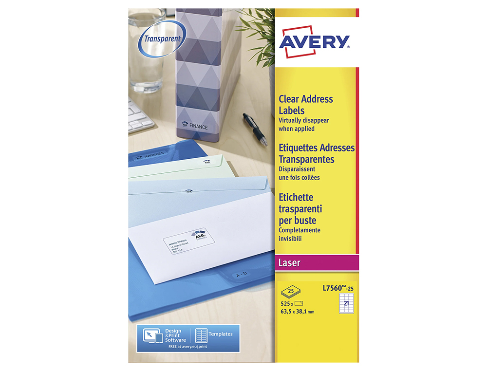ETIQUETAS ADESIVAS AVERY DIN A4 IMPRIMIVEIS TRANSPARENTE 38,1X21,2 MM CAIXA DE 25 FOLHAS COM 1625 ETIQUETAS