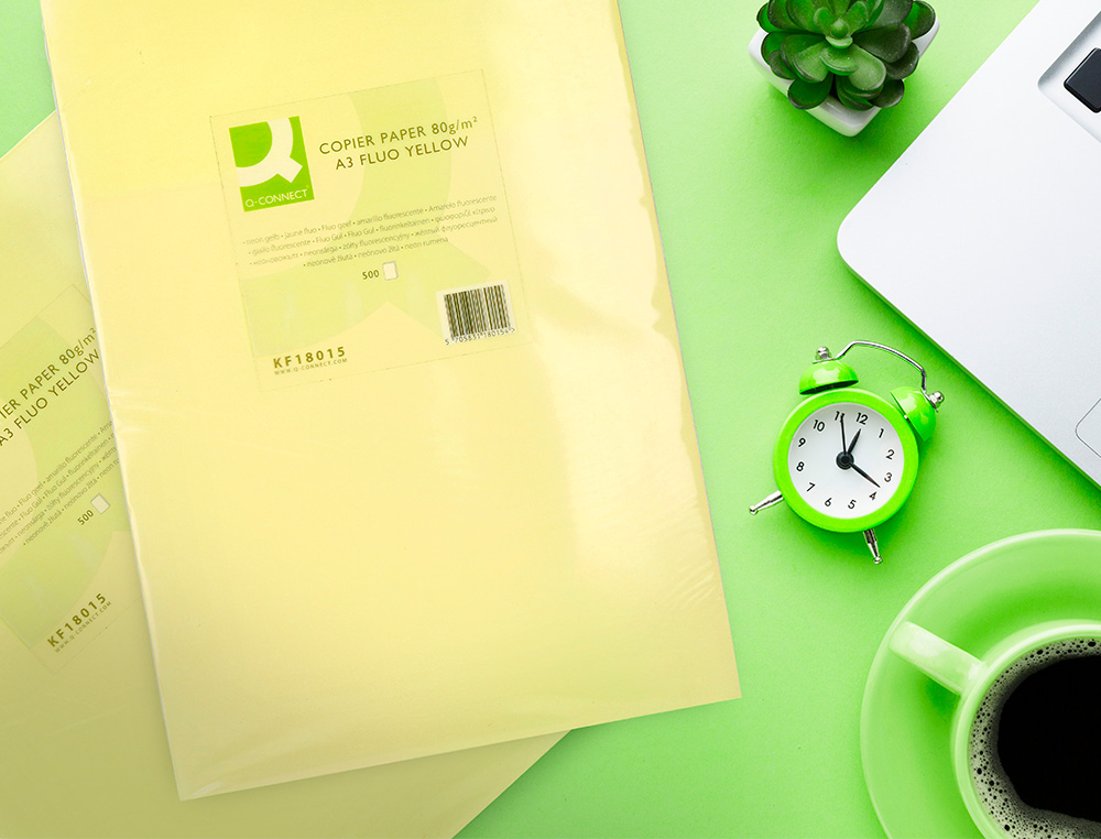 PAPEL DE COR Q-CONNECT DIN A3 80 GR AMARELO NEON EMBALAGEM DE 500 FOLHAS