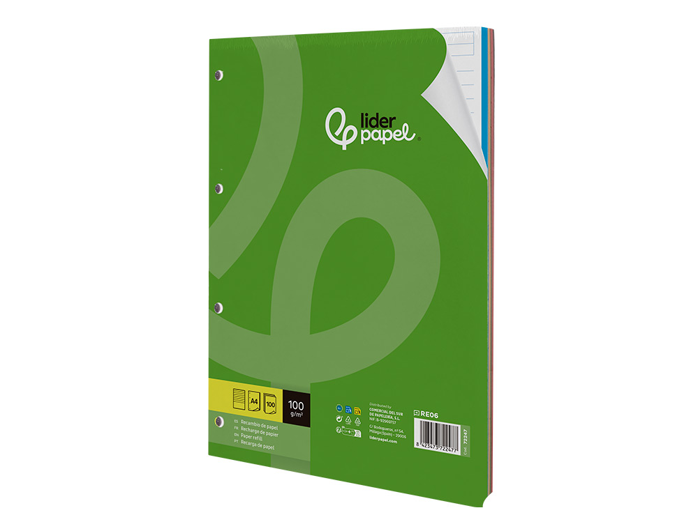 RECARGA LIDERPAPEL DIN A4 100 F 100 GR PAUTADO HORIZONTAL SEM MARGEN 4 FUROS BANDAS DE 5 CORES