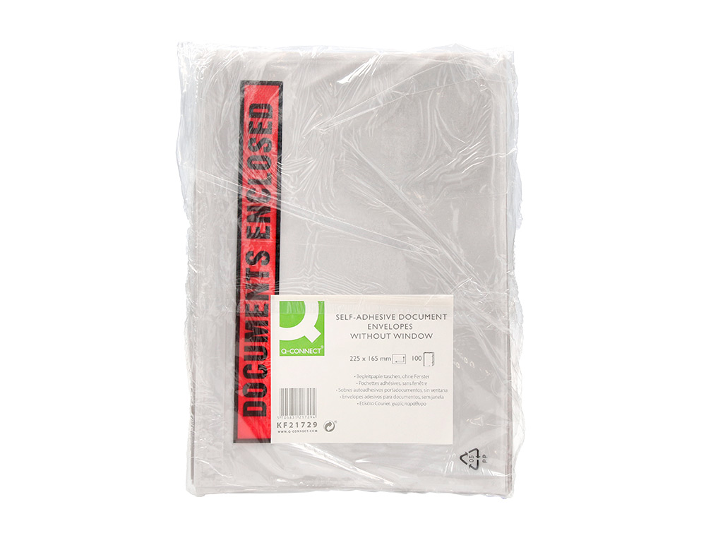 ENVELOPE AUTOADESIVO Q-CONNECT PORTA DOCUMENTOS MULTILINGUE 225X165 MM SEM JANELA PACK DE 100 UNIDADES