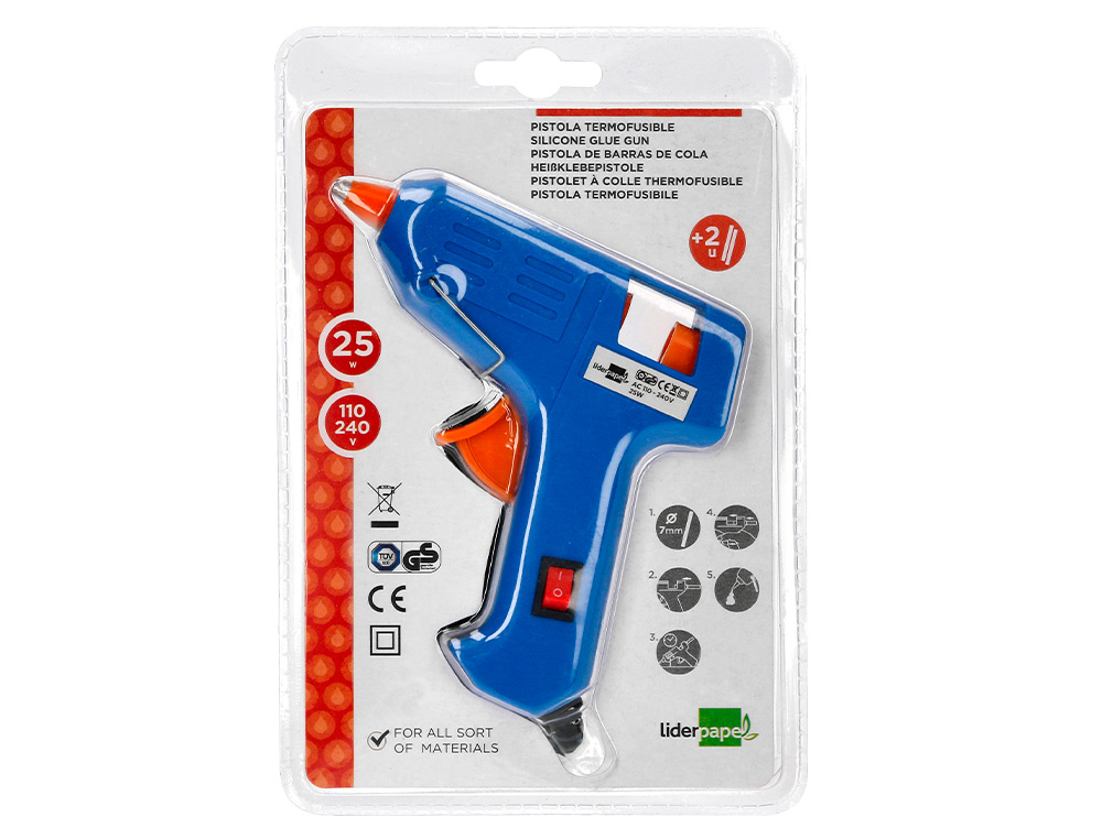 PISTOLA COLA TERMOFUSIVEL MINI LIDERPAPEL 25W COM 2 BARRAS DE SILICONE 7 MM DIAMETRO X 100 MM COMPRIMENTO