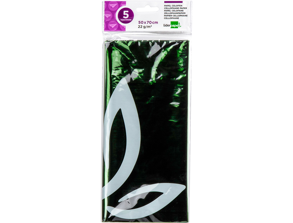 PAPEL CELOFANE LIDERPAPEL 50X70 CM 22GR BOLSA DE 5 FOLHAS VERDE