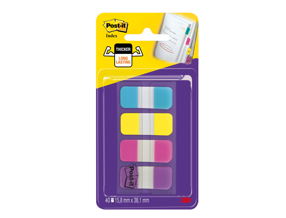 BANDAS SEPARADORAS POST-IT INDEX RIGIDAS DISPENSADOR 4 CORES AMARELO AZUL ROSA E VIOLETA MINI 4X10 MM PACK DE 40 UDS