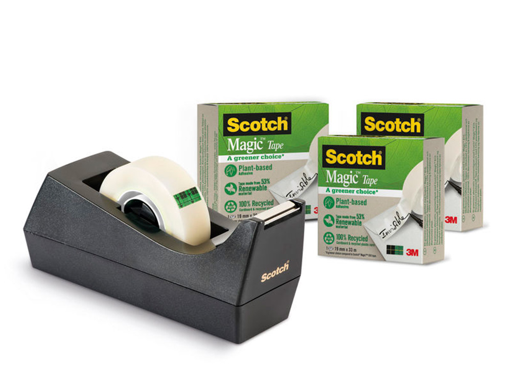 DESENROLADOR SCOTCH DE SECRETARIA C38 PRETO INCLUI 3 ROLOS DE FITA SCOTCH MAGIC 33 MT X 19 MM