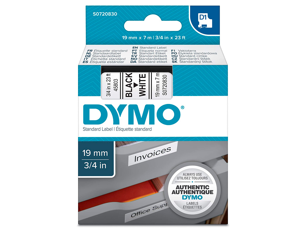 FITA DYMO D1 PRETO-BRANCO 19 MM X 7 MT