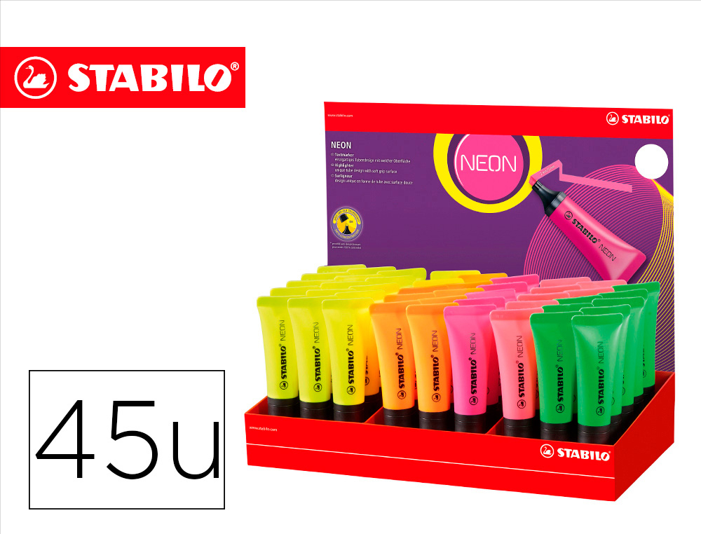 MARCADOR FLUORESCENTE STABILO 72 NEON EXPOSITOR DE 45 UNIDADES CORES SORTIDAS